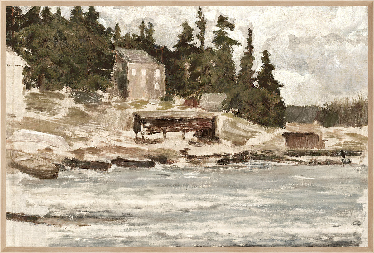 Lakeside Sketch C. 1885 wall art featuring a serene lakeside scene with trees and a building.