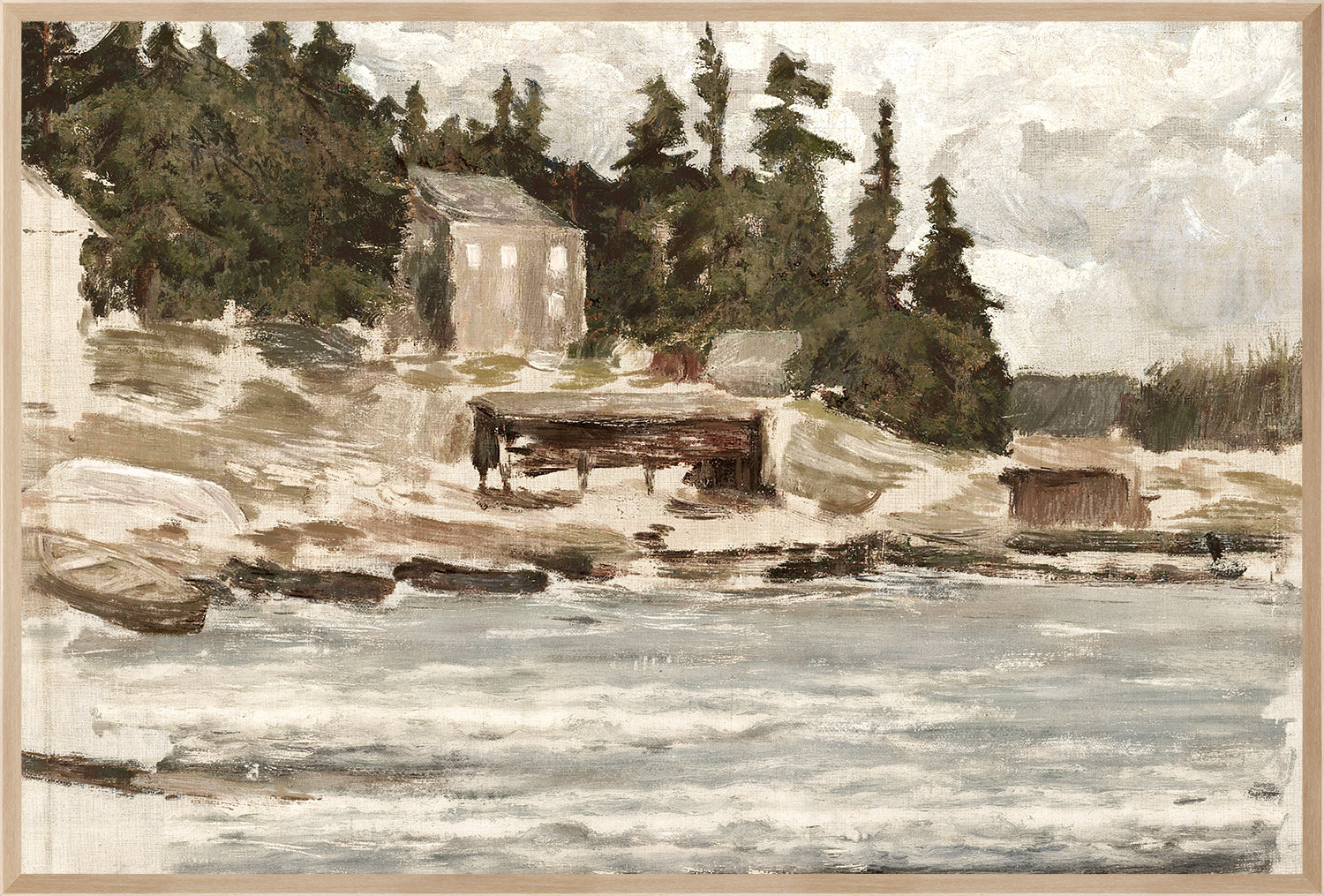 Lakeside Sketch C. 1885 wall art featuring a serene lakeside scene with trees and a building.