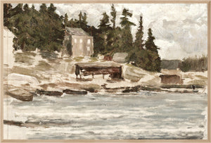 Lakeside Sketch C. 1885 wall art featuring a serene lakeside scene with trees and a building.