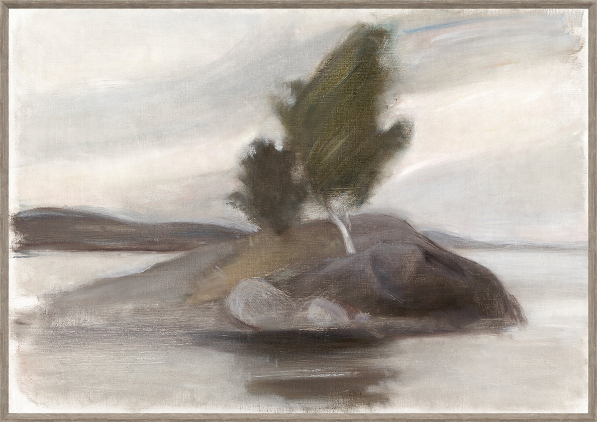 Georgian View wall art featuring a serene landscape with a tree on a rocky island.
