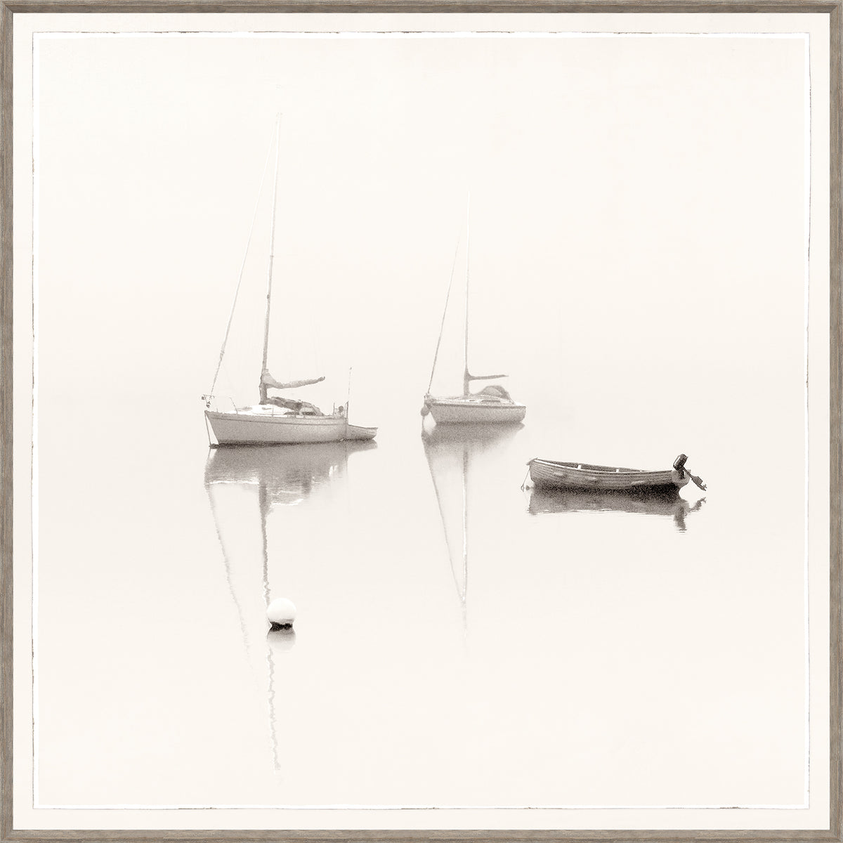 At Anchor wall art featuring three sailboats in a foggy setting, soft monochrome tones, serene reflection on water.