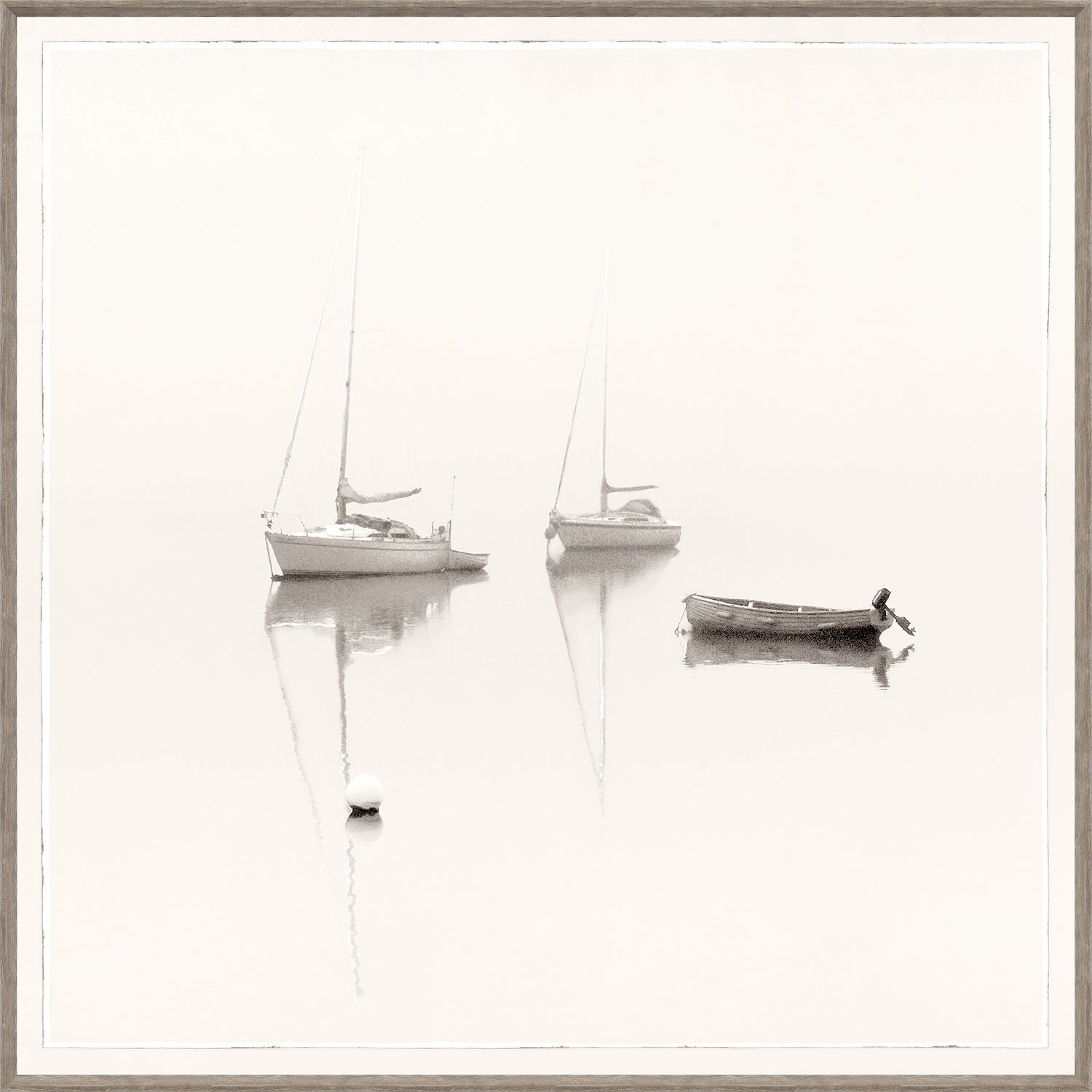 At Anchor wall art featuring three sailboats in a foggy setting, soft monochrome tones, serene reflection on water.