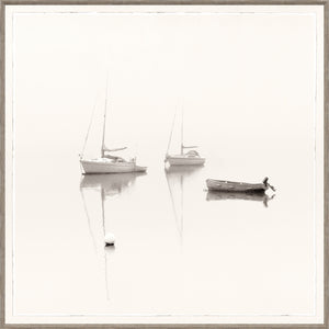 At Anchor wall art featuring three sailboats in a foggy setting, soft monochrome tones, serene reflection on water.