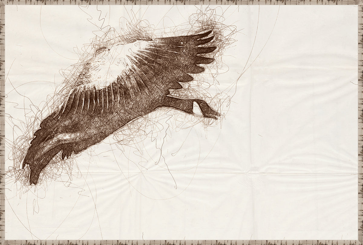 Nature Sketch – Goose in Flight, detailed brown sketch of a goose soaring against a light background.