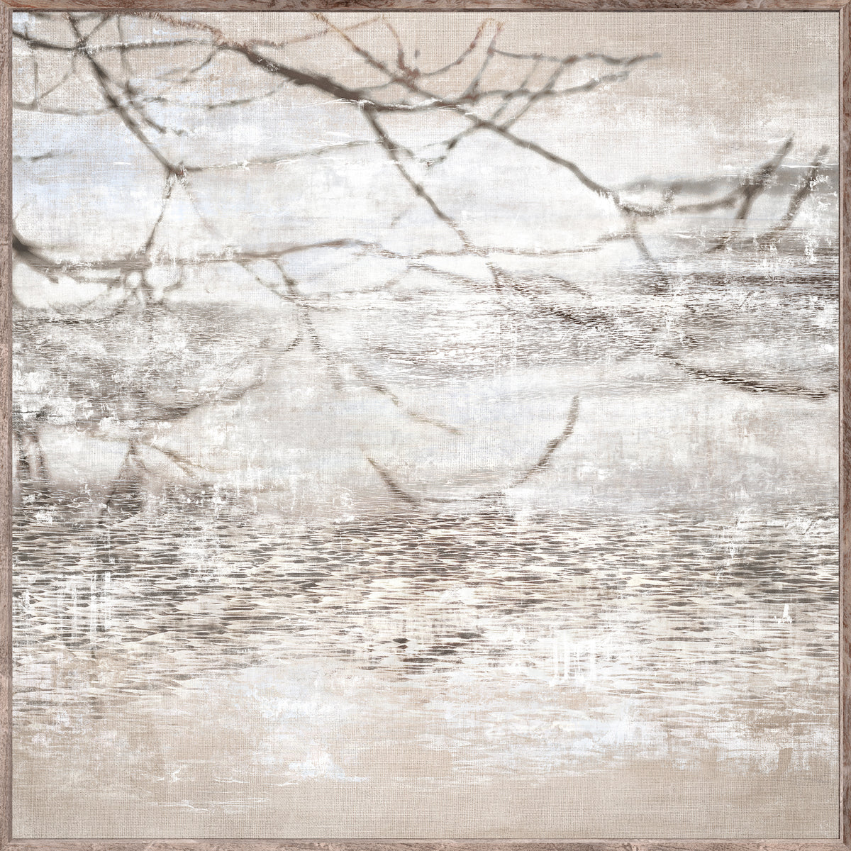 Allusive Memory I wall art featuring soft beige and gray tones with abstract tree branches and water reflections.
