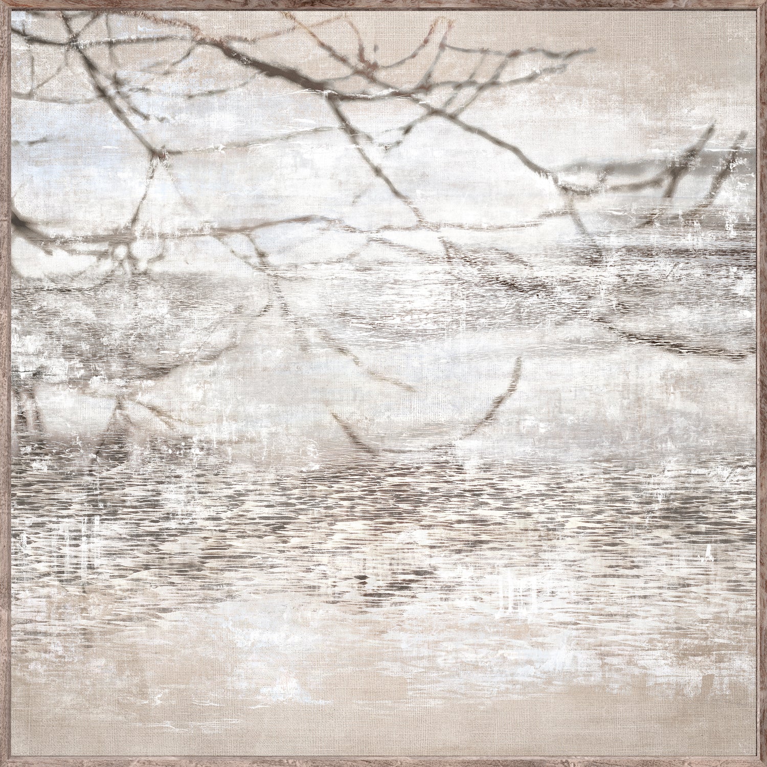 Allusive Memory I wall art featuring soft beige and gray tones with abstract tree branches and water reflections.