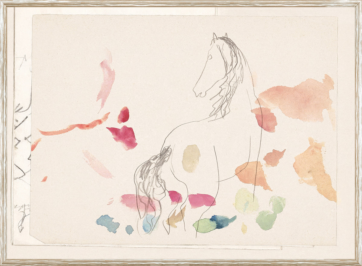 Collection 24, Horse Graphite Study C. 1910 featuring a sketched horse with watercolor splashes in pink, blue, and green.