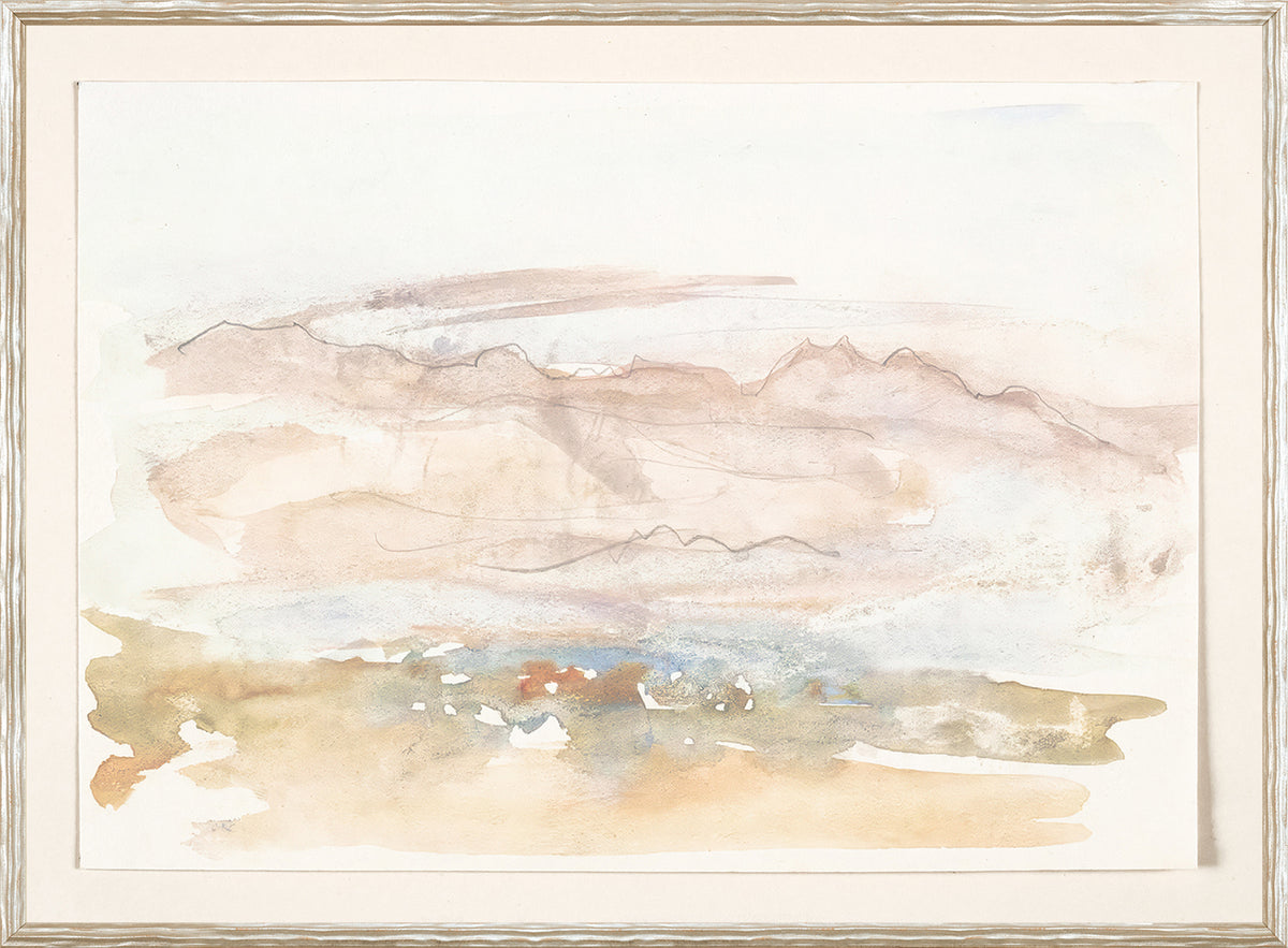Collection 24, Waterscape Study C 1827, watercolor landscape with soft earth tones and abstract mountain outlines, framed