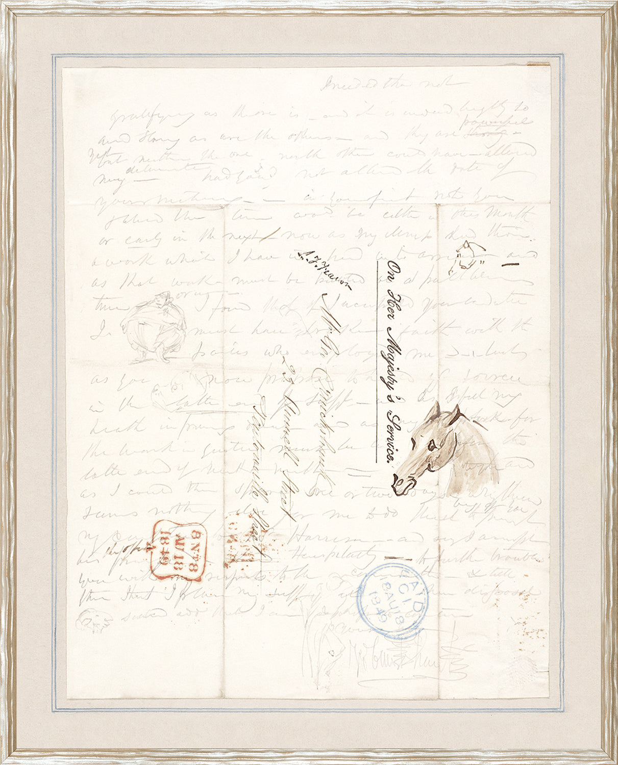 Collection 24, Letter, “Verso” C. 1867, featuring handwritten text and a horse illustration on aged paper, framed in light wood.