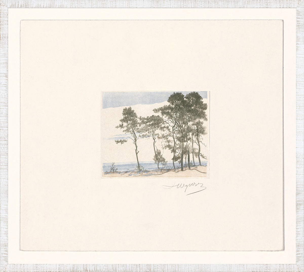 Collection 24, Sand Dunes C. 1902 features a small landscape illustration with trees and a serene water view, framed in white.