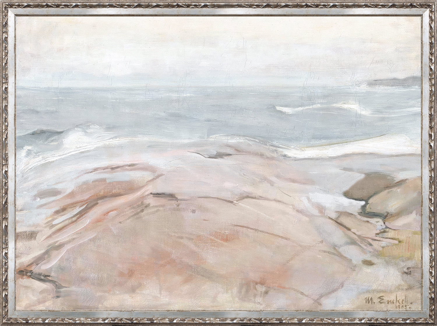 Collection 24, At Water’s Edge C. 1872, features a serene coastal landscape with soft pastel colors and gentle waves.