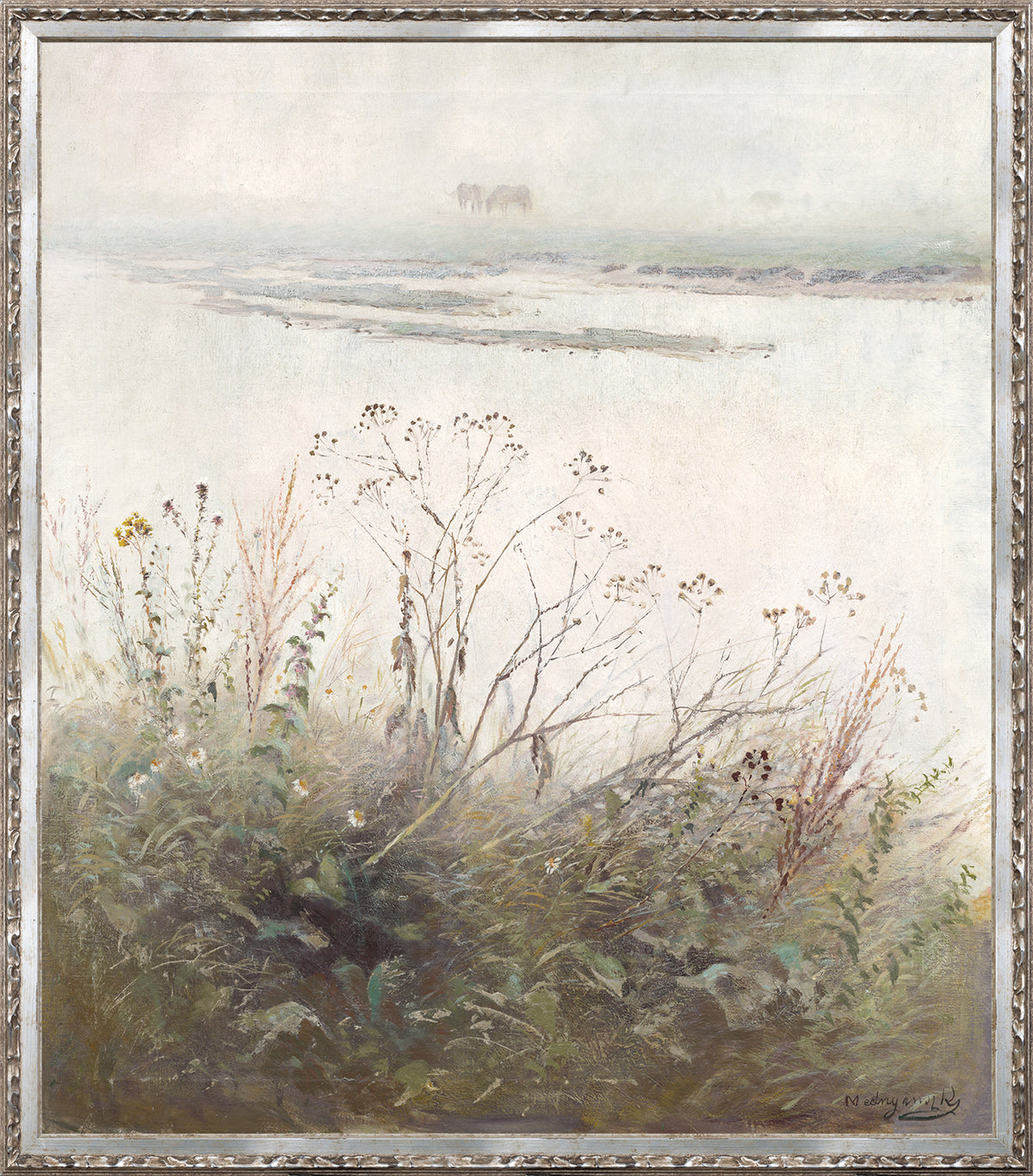 Collection 24, Flood Plain C. 1880, soft pastel landscape with fog, featuring wildflowers and grasses, framed in silver.