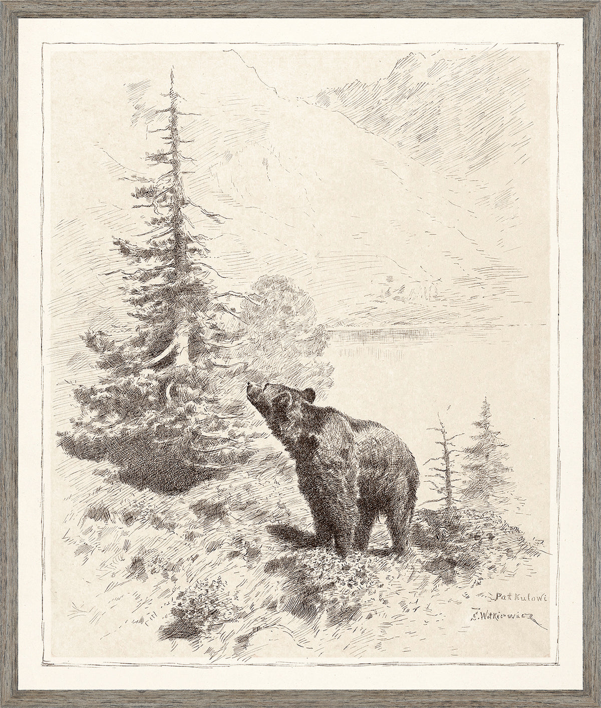 Bear in the Mountains C. 1886 wall art featuring a bear near trees and mountains, in sepia tones.