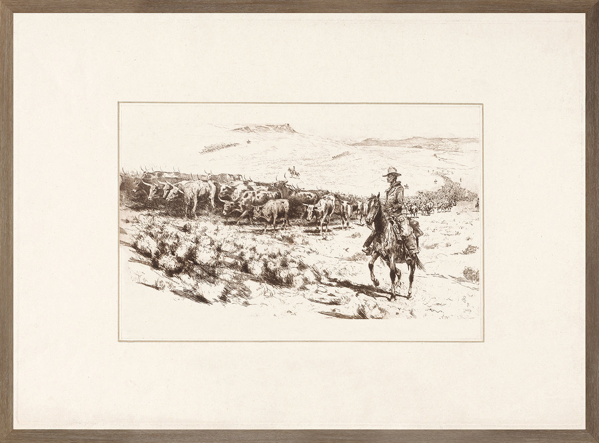 Wrangler – Trail Head C. 1940 wall art featuring a cowboy on horseback with cattle in a landscape.