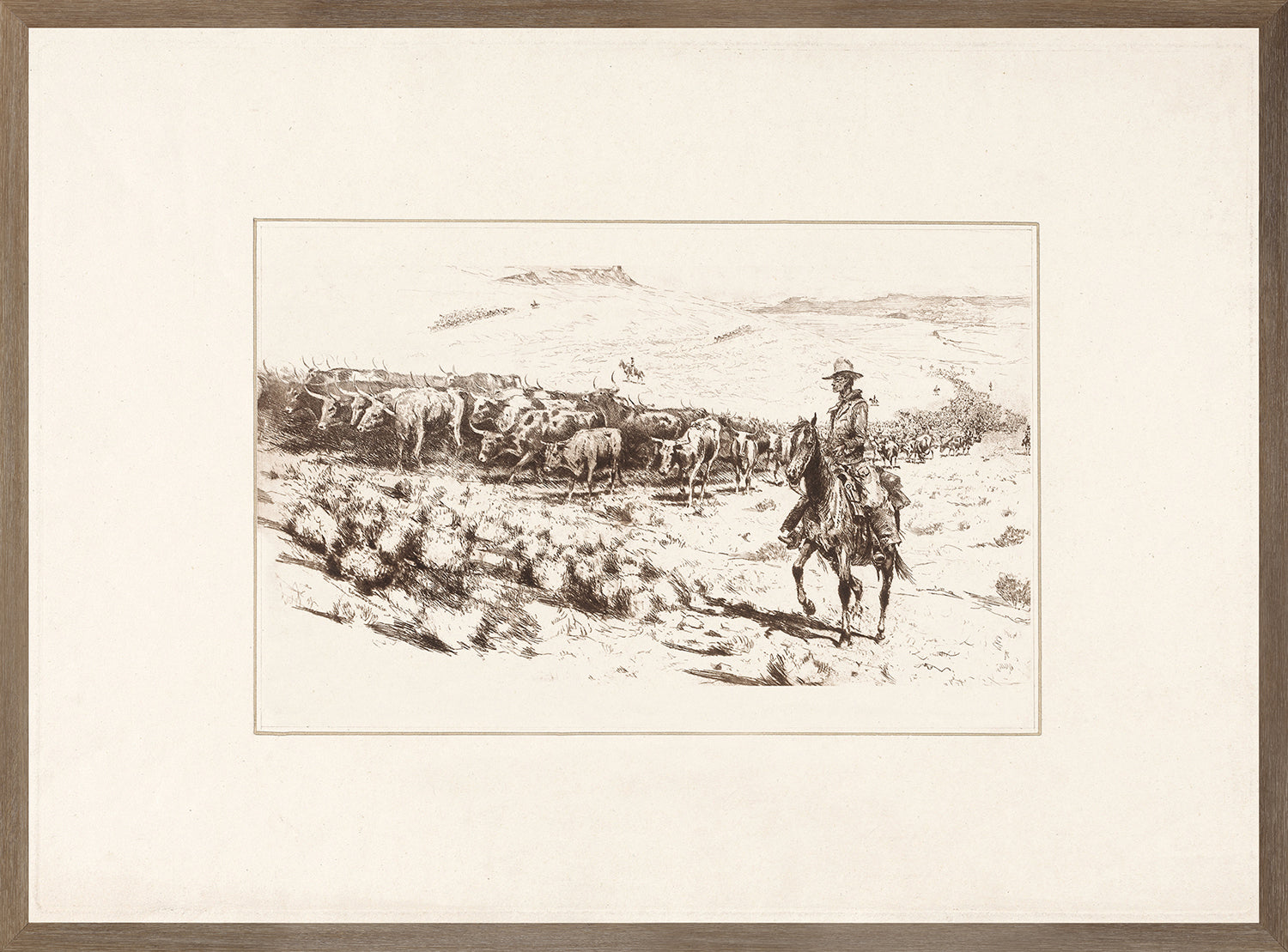 Wrangler – Trail Head C. 1940 wall art featuring a cowboy on horseback with cattle in a landscape.