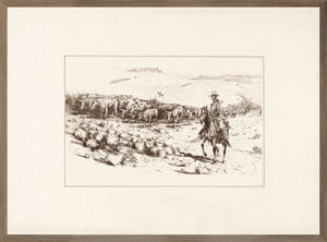 Wrangler – Trail Head C. 1940 wall art featuring a cowboy on horseback with cattle in a landscape.