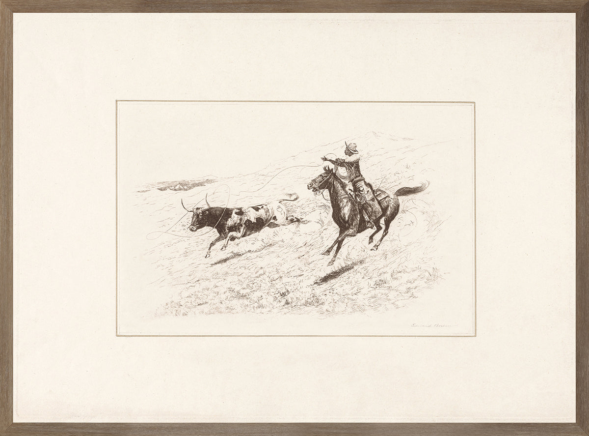 Wrangler – Roping a Bull C. 1940 wall art depicting a cowboy on a horse chasing a bull.