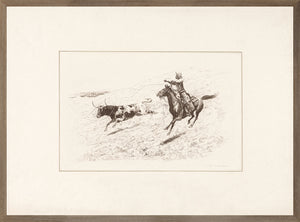 Wrangler – Roping a Bull C. 1940 wall art depicting a cowboy on a horse chasing a bull.