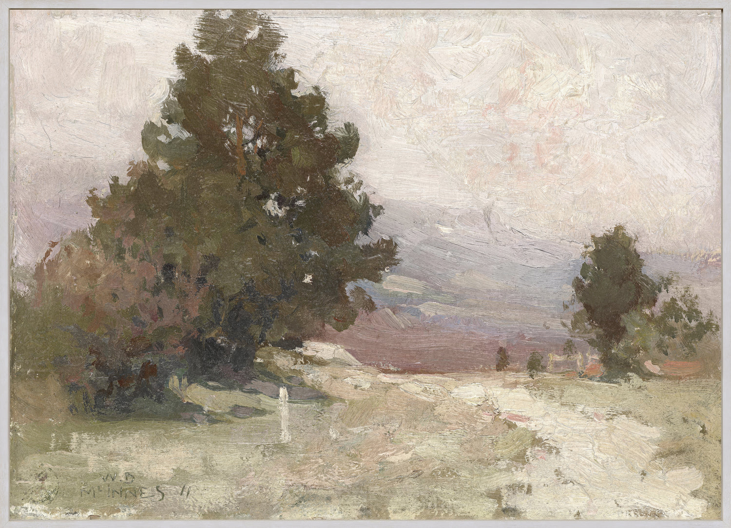 Marchland C. 1911, landscape painting featuring trees and a soft, muted color palette with a cloudy sky.