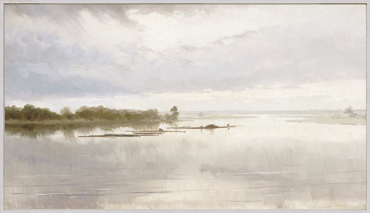 River Landscape, C. 1851 featuring soft gray skies, calm waters, and distant trees, evoking a serene natural scene.