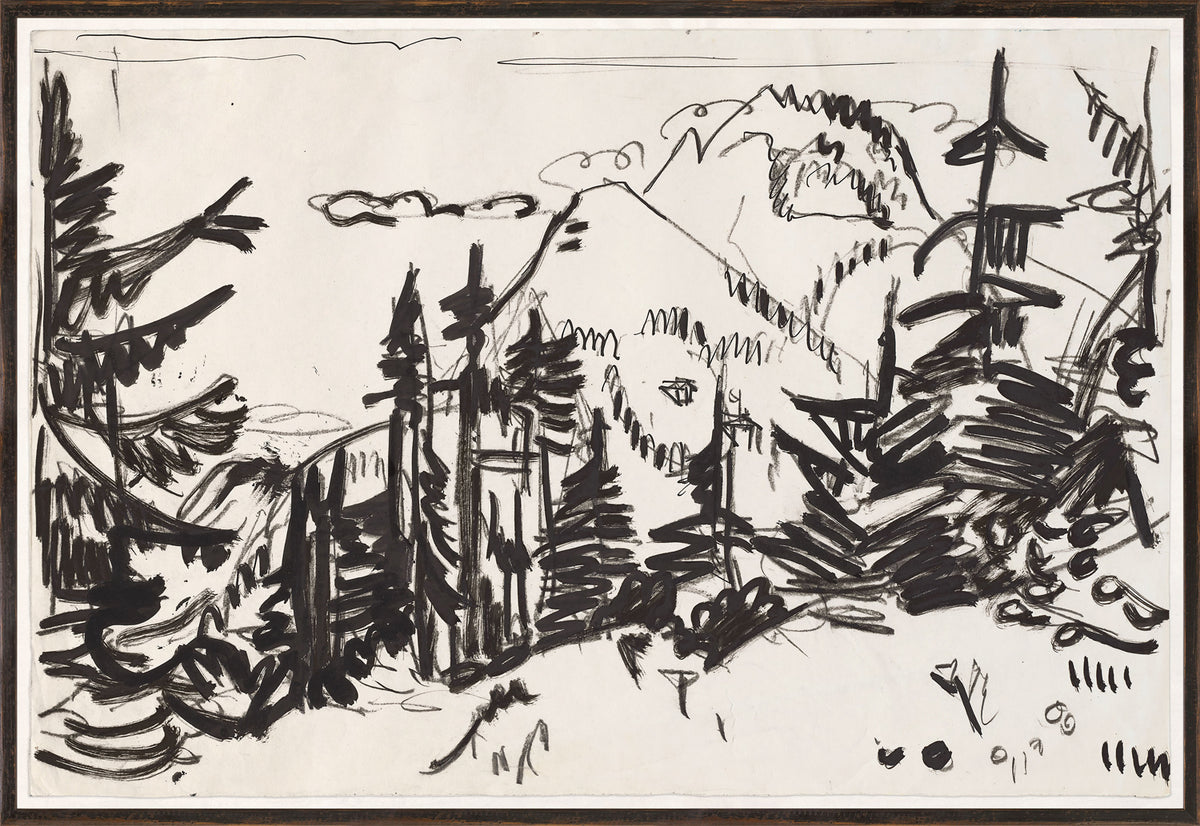 Mountain Landscape with Fir Trees C. 1900, black ink drawing of trees and mountains on textured paper, abstract style.