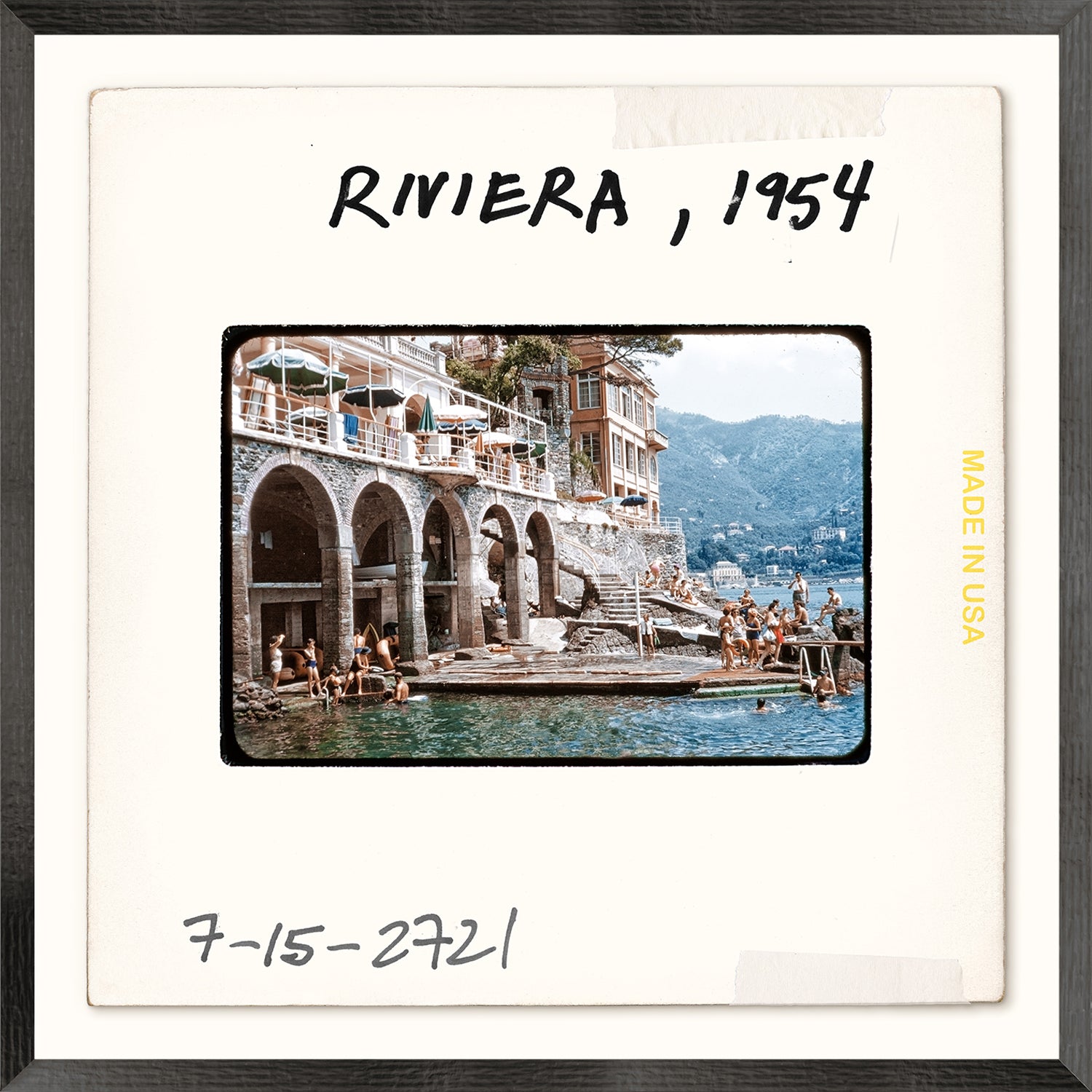 Toni Frissell Slides, Riviera, 1954 wall art featuring a vintage seaside scene with people swimming.