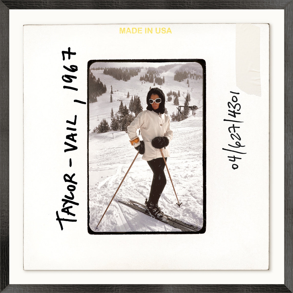 Toni Frissell Slides, Taylor featuring a woman skiing in a snowy landscape, wearing a white jacket and sunglasses, 1967.