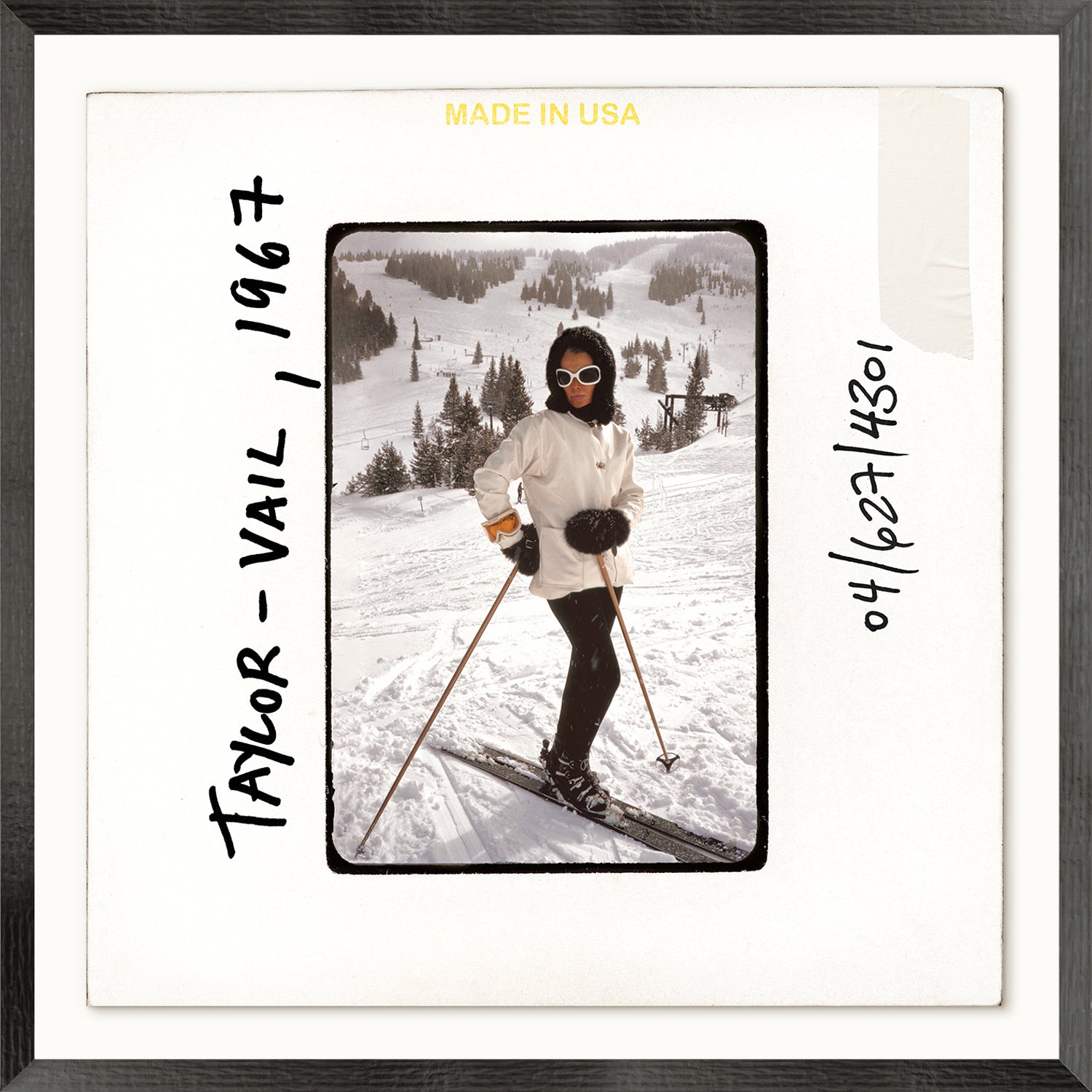 Toni Frissell Slides, Taylor featuring a woman skiing in a snowy landscape, wearing a white jacket and sunglasses, 1967.