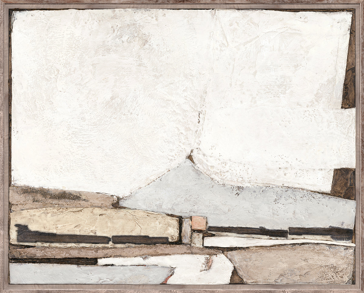 Encaustic Terrain, abstract wall art featuring textured white and gray surfaces with earthy tones and geometric shapes.