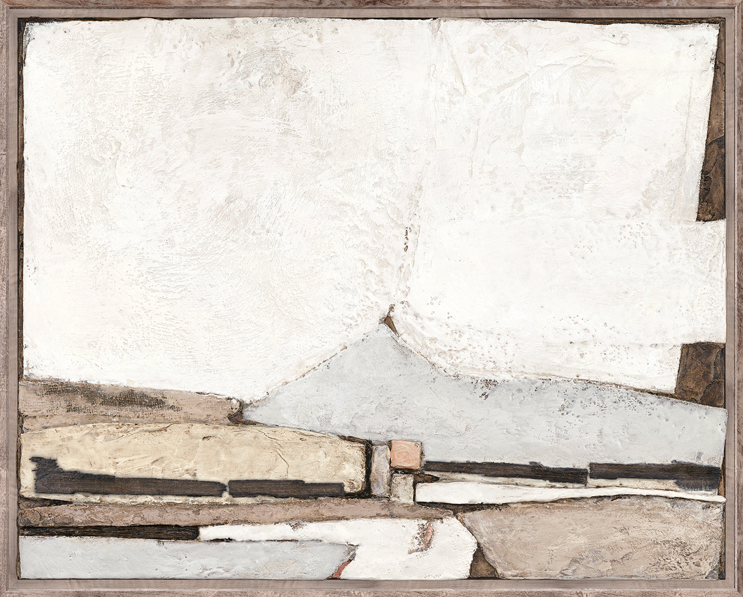 Encaustic Terrain, abstract wall art featuring textured white and gray surfaces with earthy tones and geometric shapes.