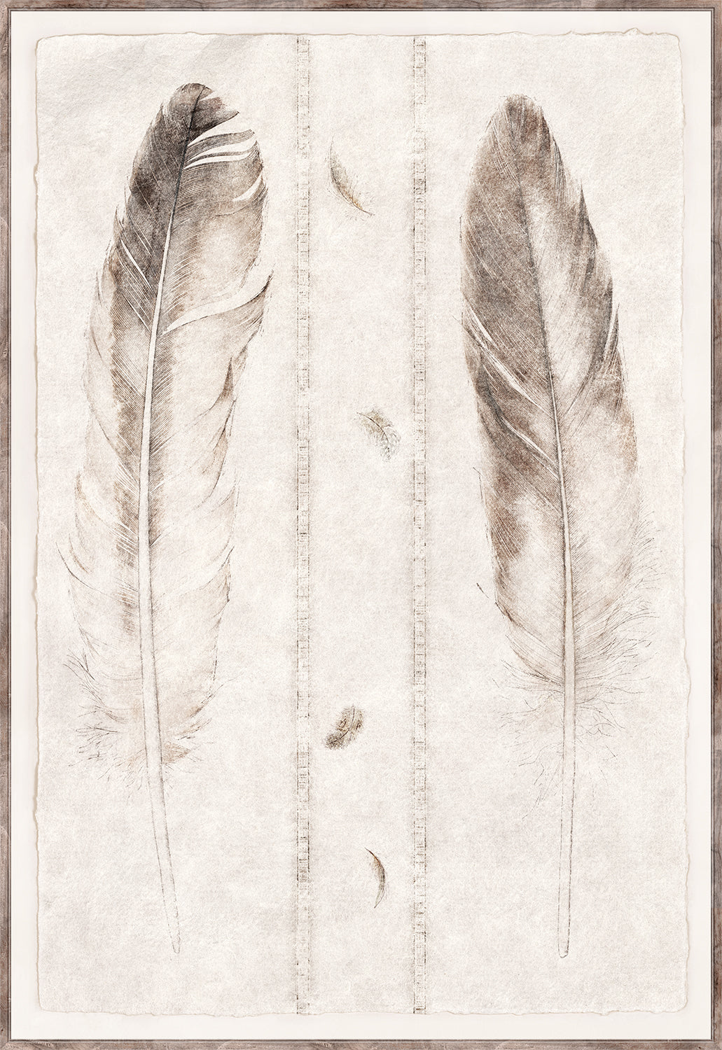 Étude de Plumes I featuring two large feathers in soft browns on a textured cream background, framed elegantly.