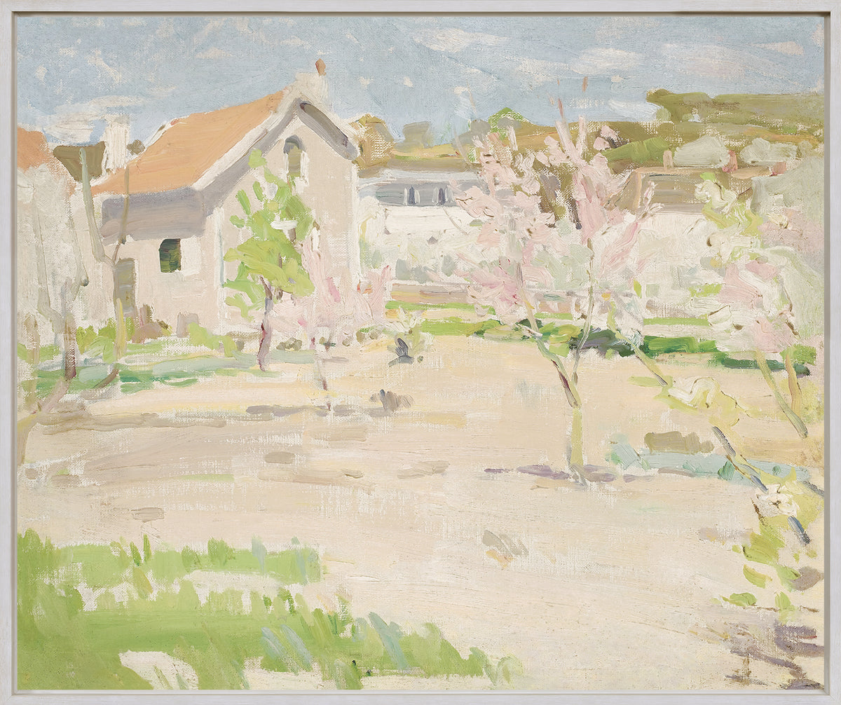 Springtime Village wall art featuring a pastel landscape with blooming trees and a house.