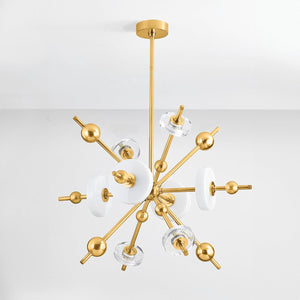 Maynard Chandelier 32" in aged brass shown from a second angle to highlight the frame, arms, and shade detail.