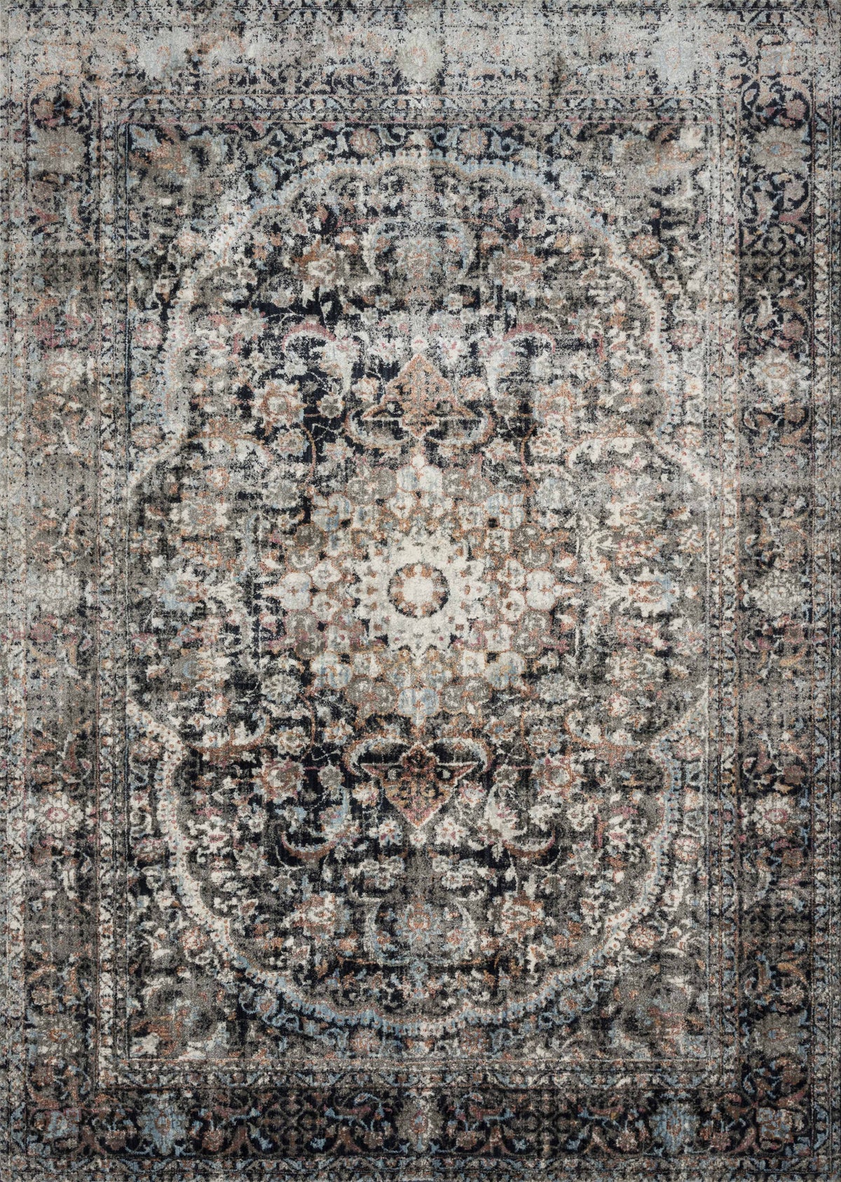 front view of Anastasia Charcoal / Sunset luxury Rug