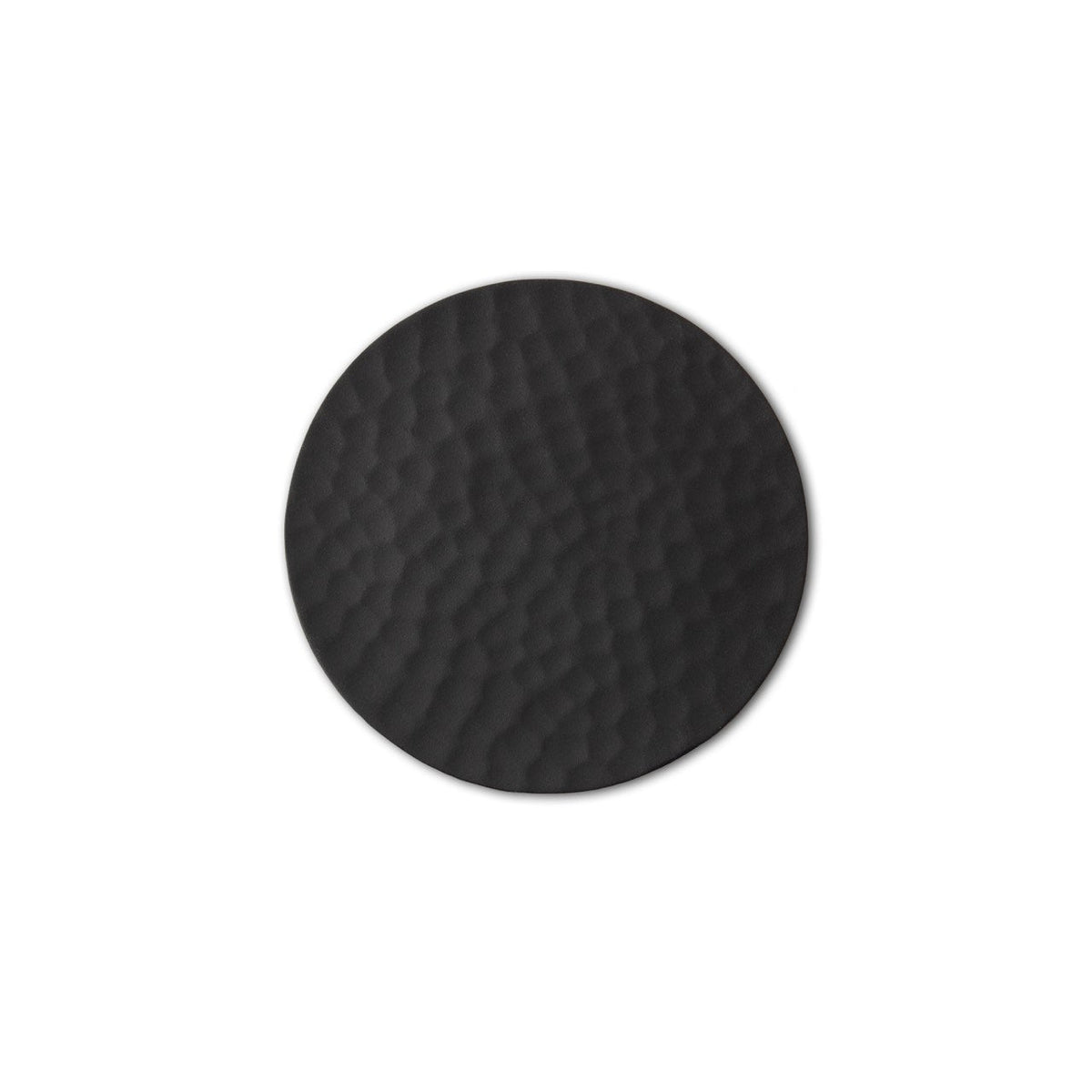 Black textured circular object on a white background