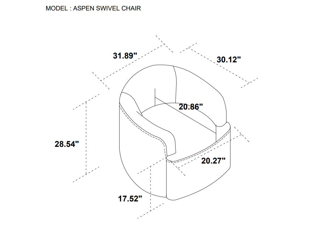 Technical drawing of an Aspen swivel chair with dimensions labeled