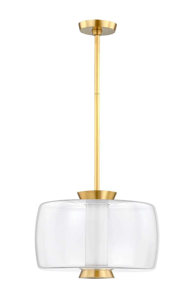 Beau Pendant 15" in aged brass shown from a second angle to highlight the shade shape and metal detail.
