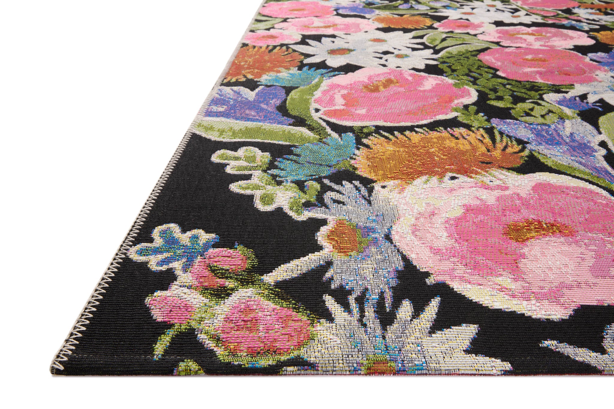 side view of Botanical Black / Multi luxury Rug