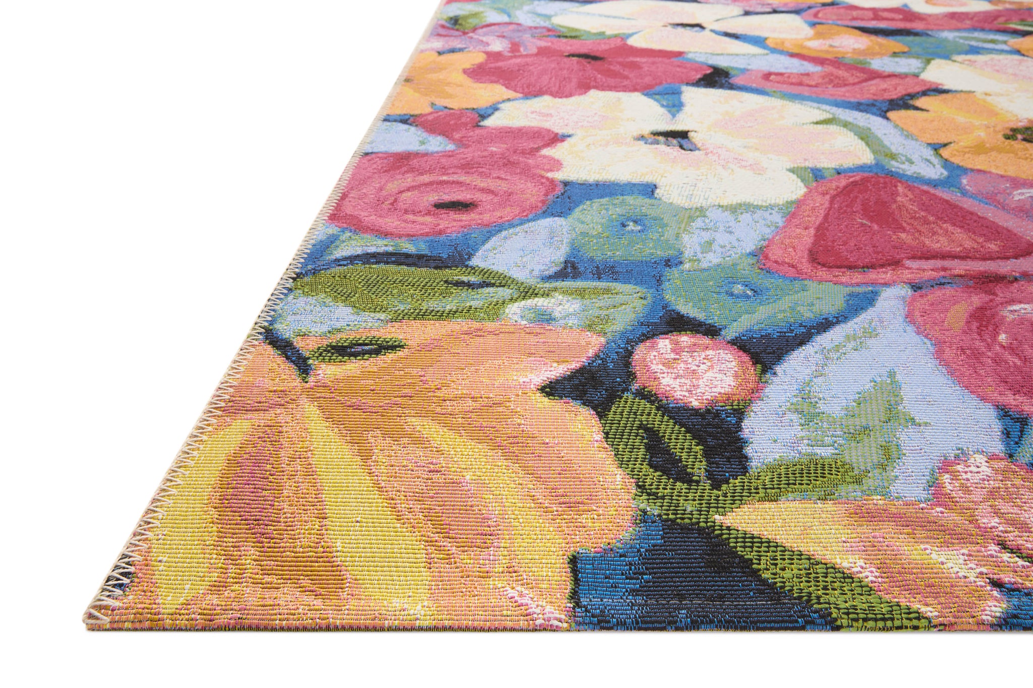 side view of Botanical Navy / Multi luxury Rug