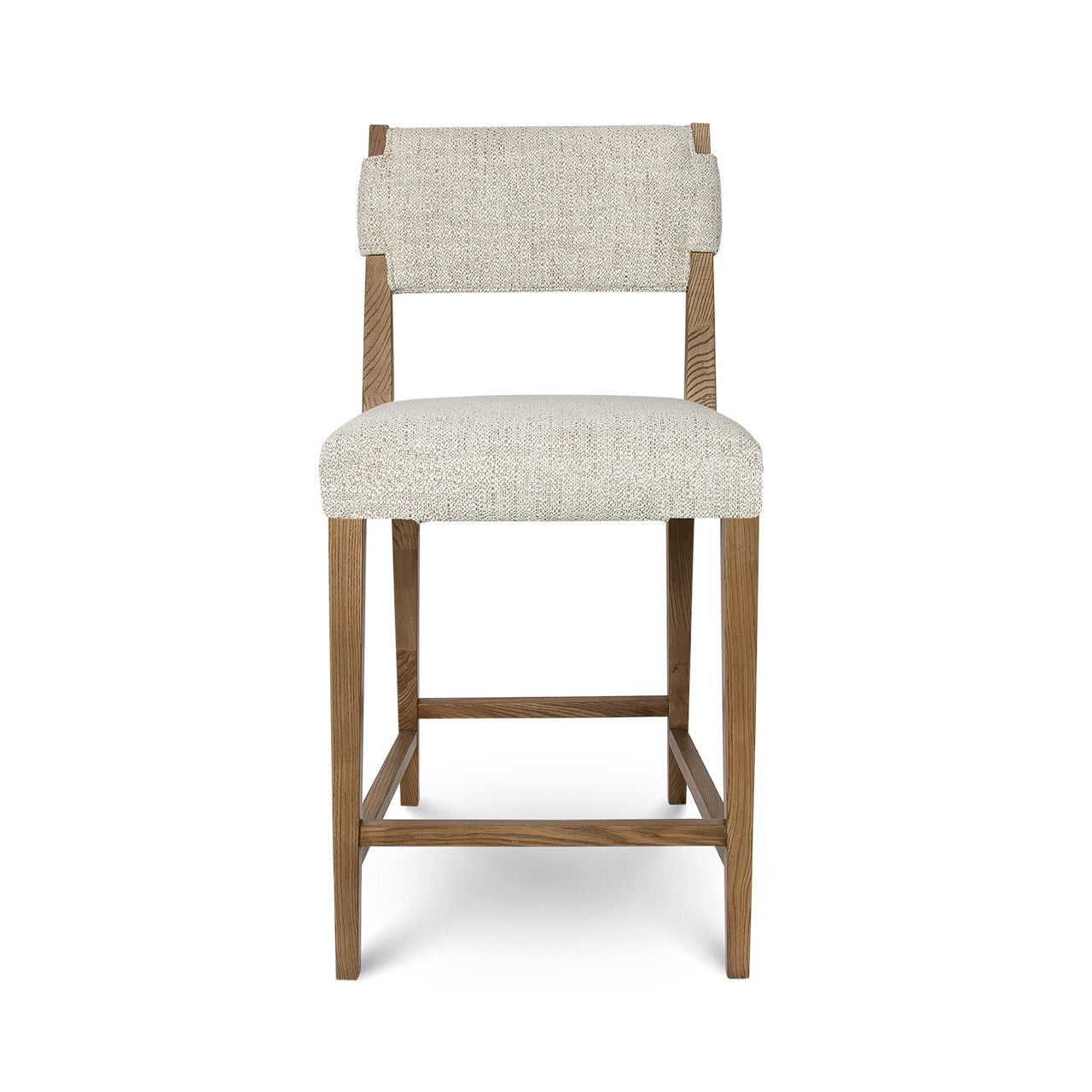 Bar stool with wooden frame and beige cushioned seat and backrest on a white background