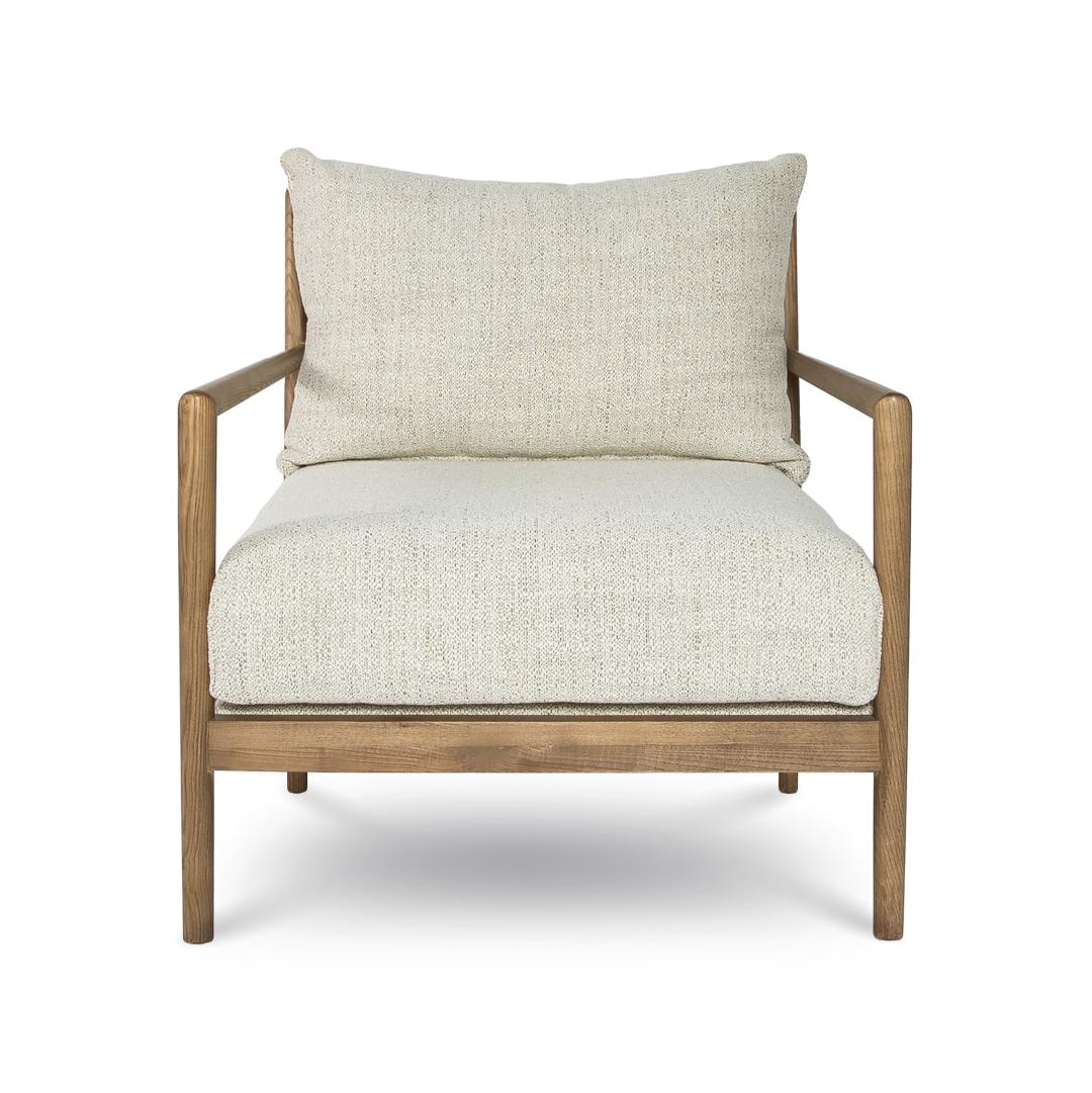 Chair with wooden frame and beige cushion on a white background