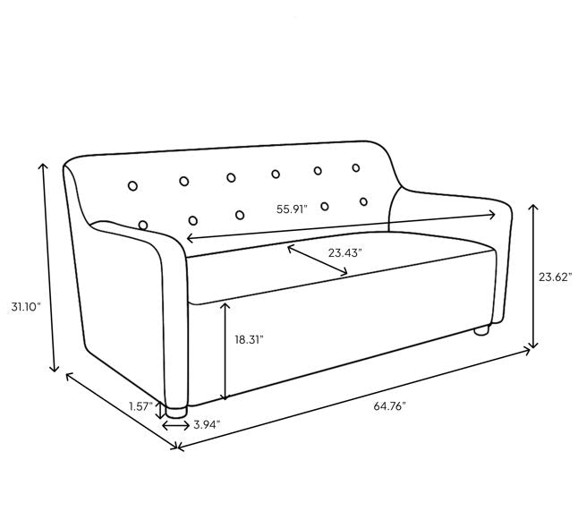 Line drawing of a sofa with dimensions labeled