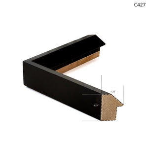 Black wooden frame corner showing interior material and dimensions