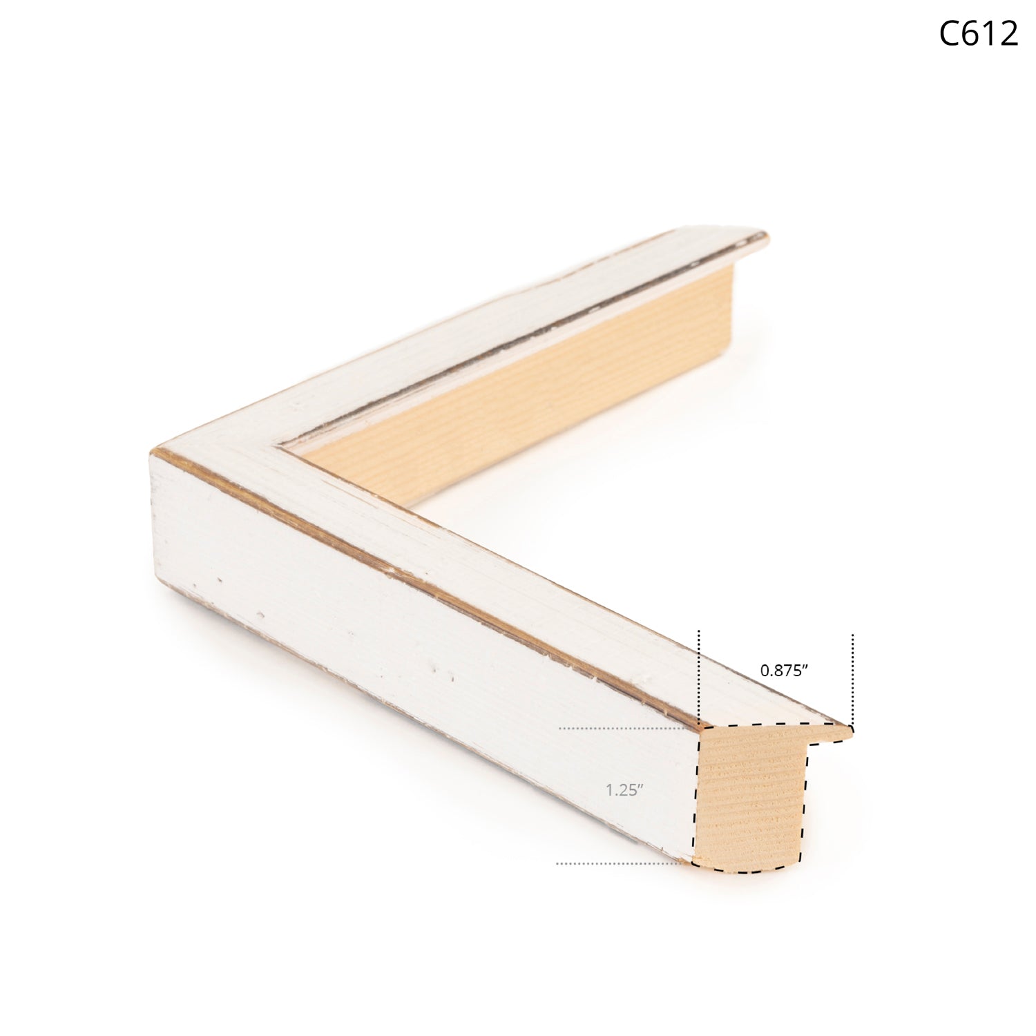 White wooden picture frame with a distressed finish, showing corner detail.