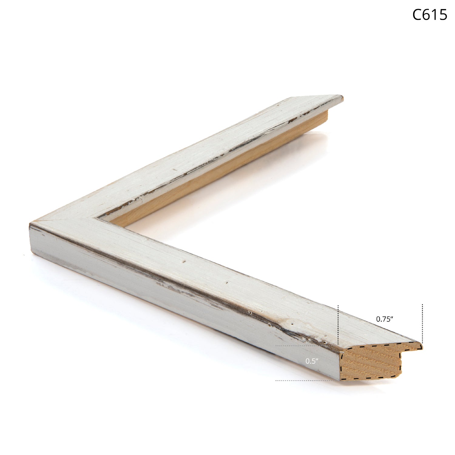 White wooden picture frame with a distressed finish, angled view showing corner detail.