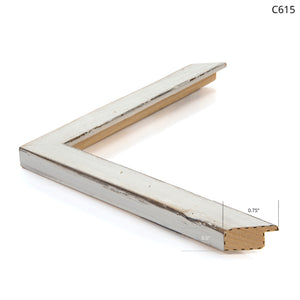 Narrow wooden picture frame with a weathered white finish and gold inner edge