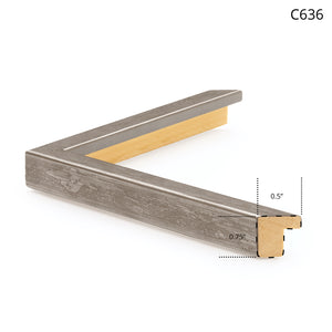 C636 frame with a textured silver finish and wooden backing, showcasing a corner view.