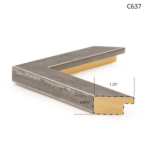 C637 frame featuring a distressed silver finish and wooden backing, designed for contemporary art