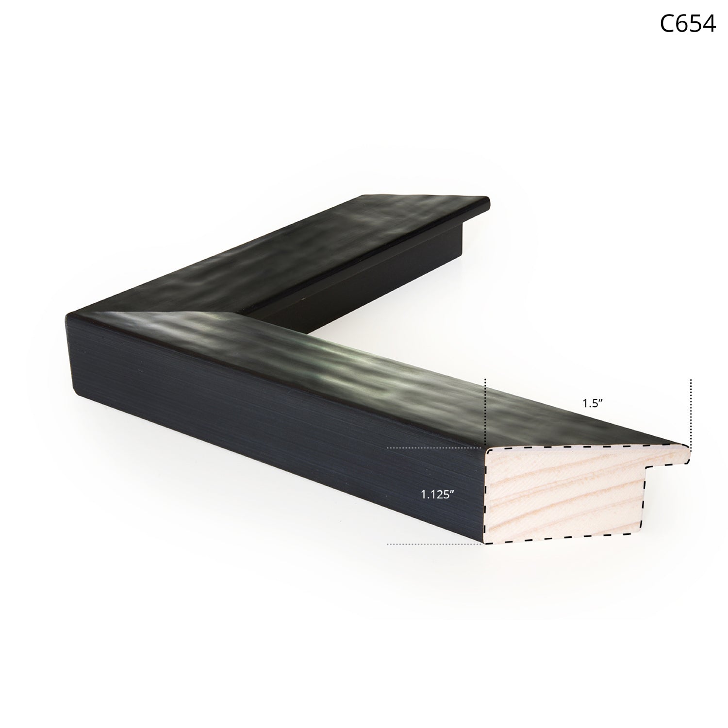 Thick black wooden frame with a smooth finish, angled view highlighting the corner.