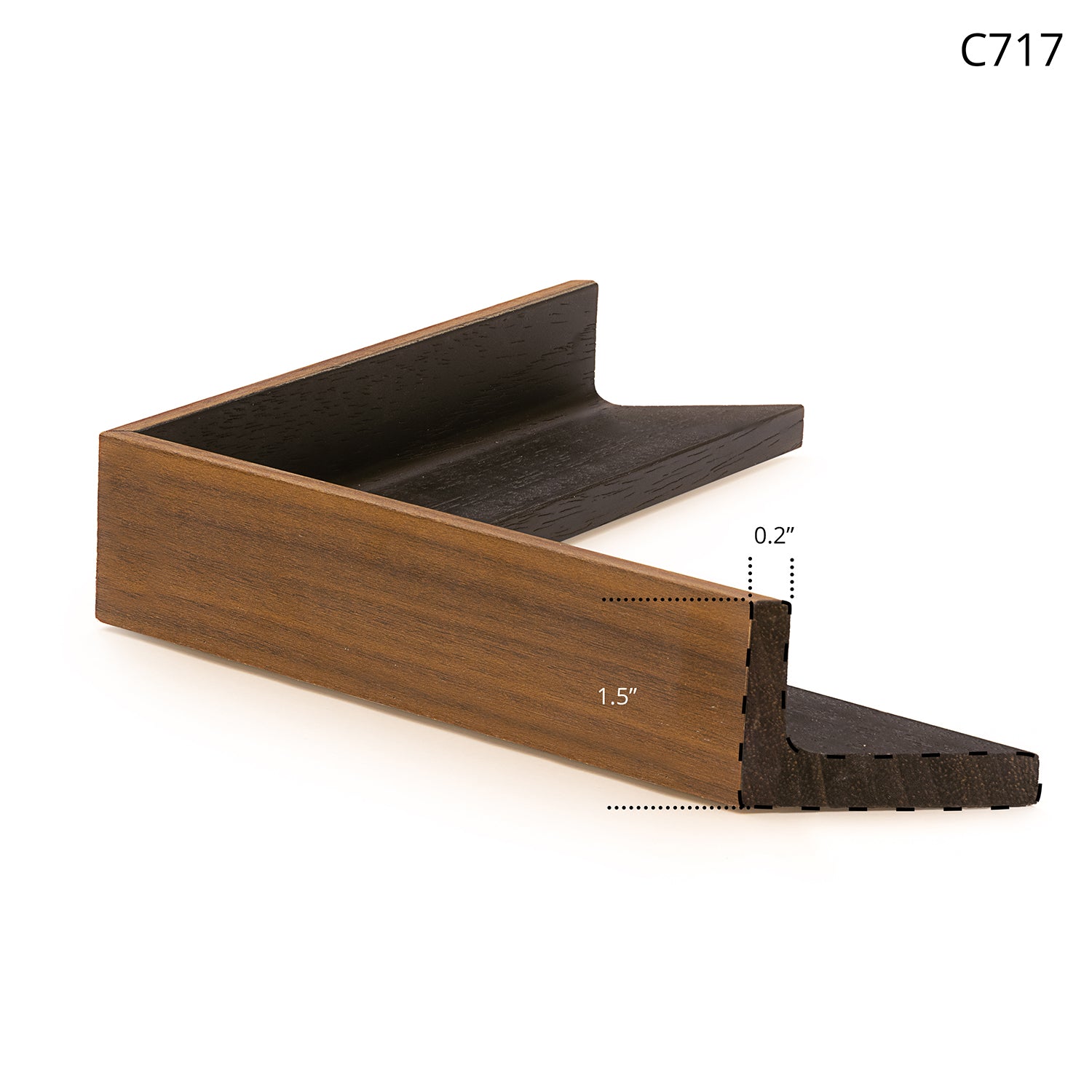 Wooden frame corner showing a rich brown finish with a black inner edge and detailed joinery